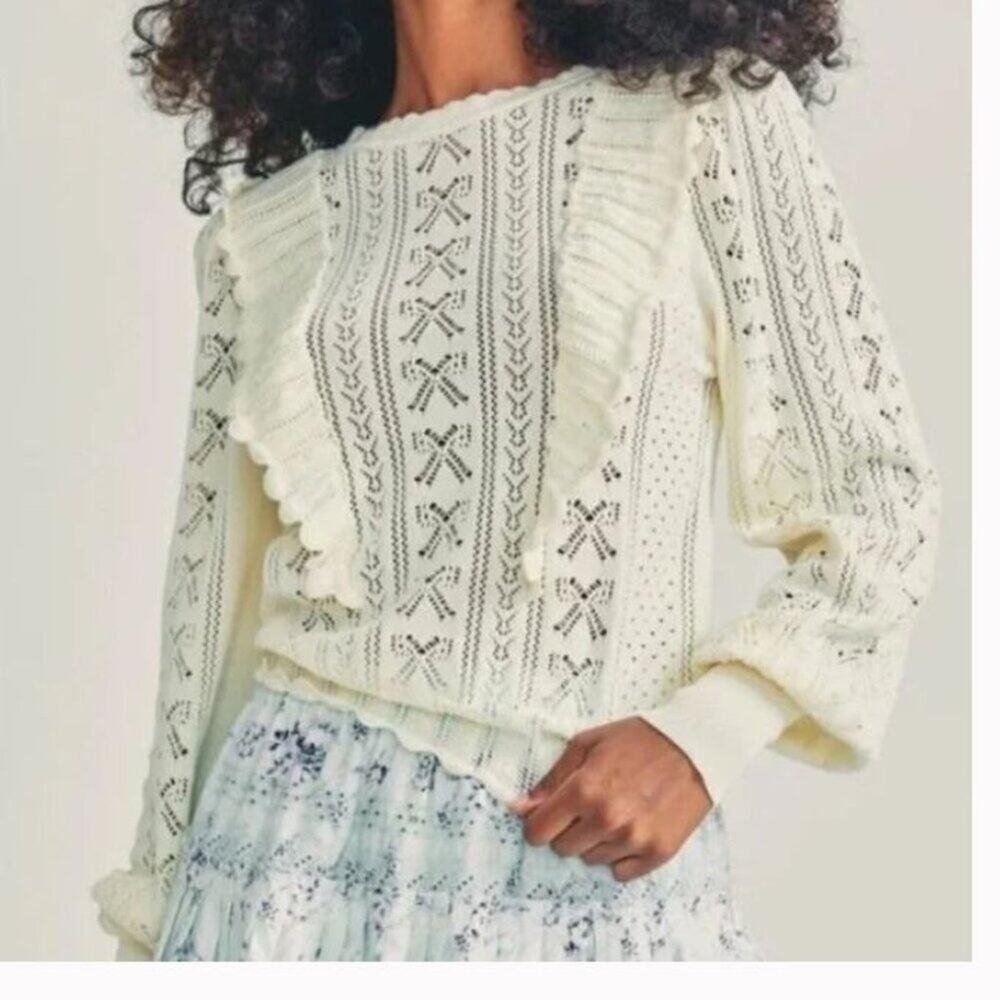 New LoveShackFancy Ancora Pointelle-knit Pullover Sweater Ruffle Bows Sz XS
